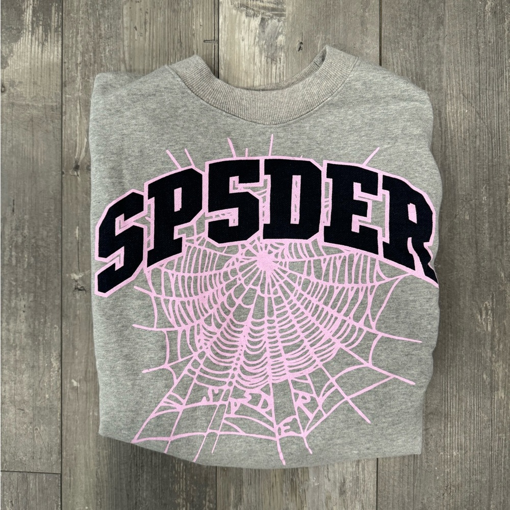 *SOLD* Spider Varsity Web Crewneck Sweatshirt Grey Cotton. Size Medium.